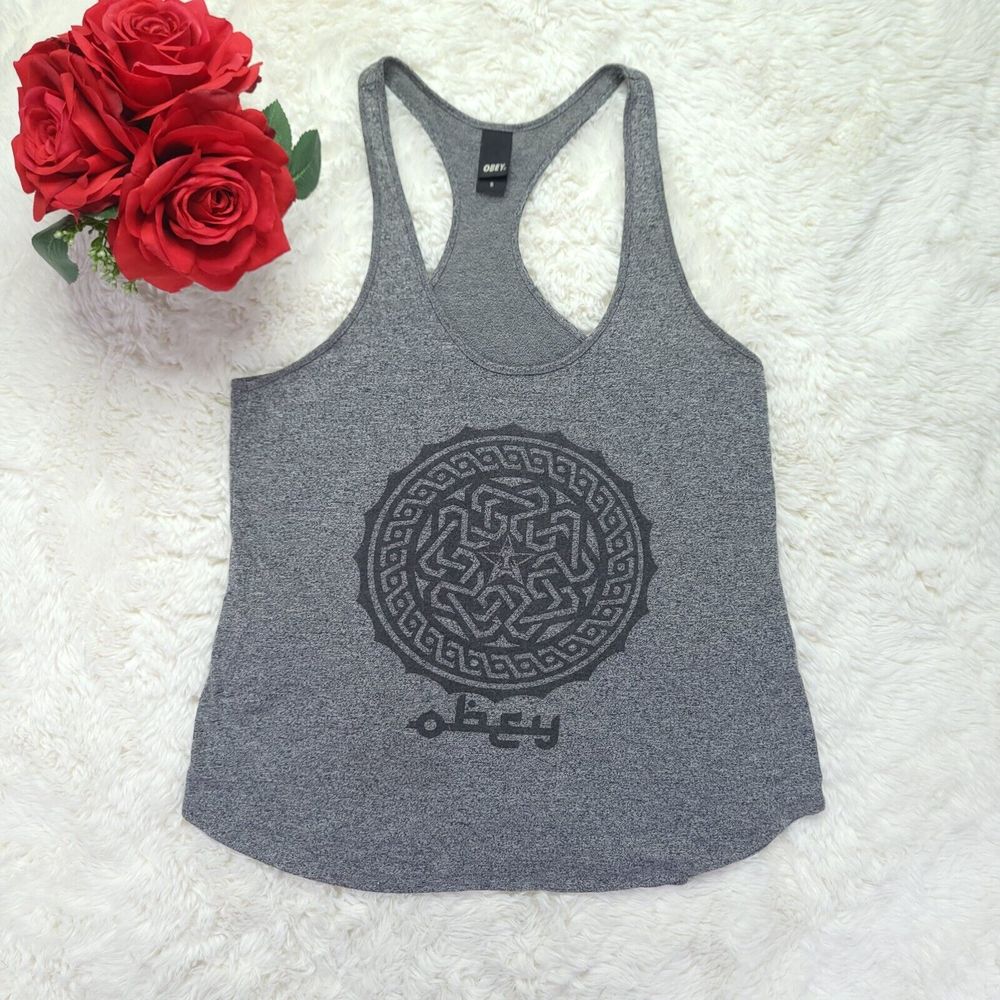 Obey Gray Mandala Racerback Tank Top Size S - Picture 1 of 8